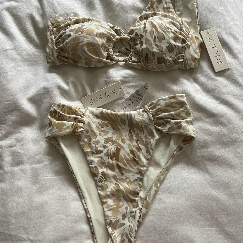 Beige & Cream Printed Bandeau Bikini Set with Ring Detail